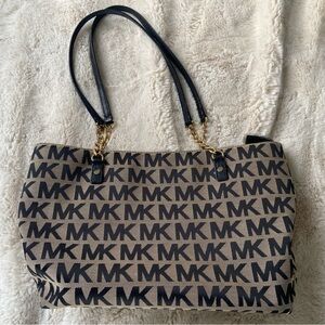 Michael Kors Black MK Logo Tote with Brown Canvas
